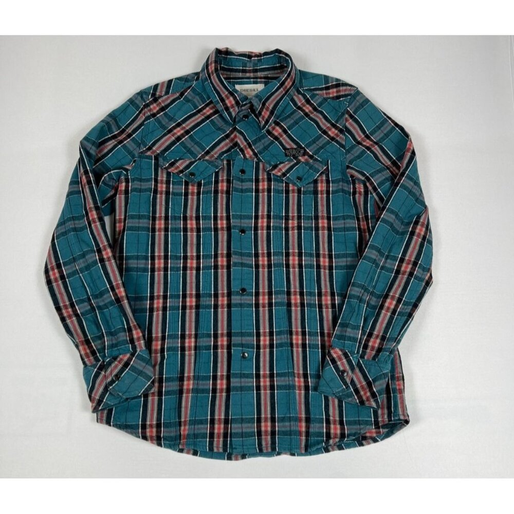 Diesel Boys Size 10 Teal Plaid Flannel Long Sleeve Button Up Shirt